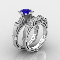 Art Masters Caravaggio 14K Matte White Gold 1.0 Ct Blue Sapphire Diamond Engagement Ring Wedding Band Set R623S-14KMWGDBS