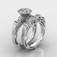 Art Masters Caravaggio 14K Matte White Gold 1.0 Ct White Sapphire Diamond Engagement Ring Wedding Band Set R623S-14KMWGDWS
