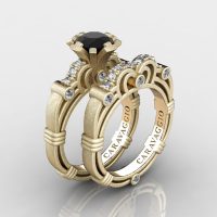 Art Masters Caravaggio 14K Matte Yellow Gold 1.0 Ct Black Sapphire Diamond Engagement Ring Wedding Band Set R623S-14KMYGDBLS