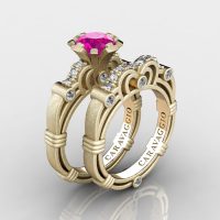 Art Masters Caravaggio 14K Matte Yellow Gold 1.0 Ct Pink Sapphire Diamond Engagement Ring Wedding Band Set R623S-14KMYGDPS