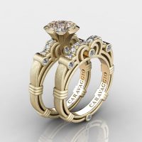 Art Masters Caravaggio 14K Matte Yellow Gold 1.0 Ct Champagne and White Diamond Engagement Ring Wedding Band Set R623S-14KMYGDCHD