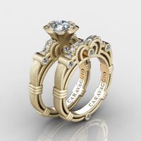 Art Masters Caravaggio 14K Matte Yellow Gold 1.0 Ct White Sapphire Diamond Engagement Ring Wedding Band Set R623S-14KMYGDWS