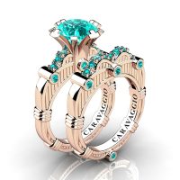 Art Masters Caravaggio 14K Rose Gold 3.0 Ct Blue Diamond Engagement Ring Wedding Band Set R843S-14KRGBLD