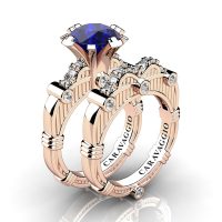 Art Masters Caravaggio 14K Rose Gold 3.0 Ct Blue Sapphire Diamond Engagement Ring Wedding Band Set R843S-14KRGDBS