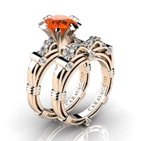 Art Masters Caravaggio 14K Rose Gold 3.0 Ct Orange Sapphire Diamond Engagement Ring Wedding Band Set R823S-14KRGDOS