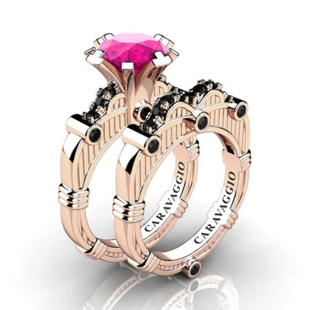 Art-Masters-Caravaggio-14K-Rose-Gold-3-0-Ct-Pink-and-Black-Sapphire-Engagement-Ring-Wedding-Band-Set-R843S-14KRGBLSPS