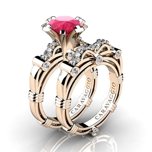 Art Masters Caravaggio 14K Rose Gold 3.0 Ct Rose Ruby Diamond Engagement Ring Wedding Band Set R823S-14KRGDRR