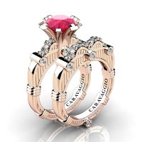 Art Masters Caravaggio 14K Rose Gold 3.0 Ct Rose Ruby Diamond Engagement Ring Wedding Band Set R843S-14KRGDRR