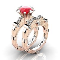 Art Masters Caravaggio 14K Rose Gold 3.0 Ct Ruby Diamond Engagement Ring Wedding Band Set R843S-14KRGDR