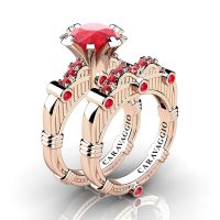 Art Masters Caravaggio 14K Rose Gold 3.0 Ct Ruby Engagement Ring Wedding Band Set R843S-14KRGR