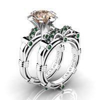Art Masters Caravaggio 14K White Gold 3.0 Ct Champagne Diamond Emerald Engagement Ring Wedding Band Set R823S-14KWGEMCHD