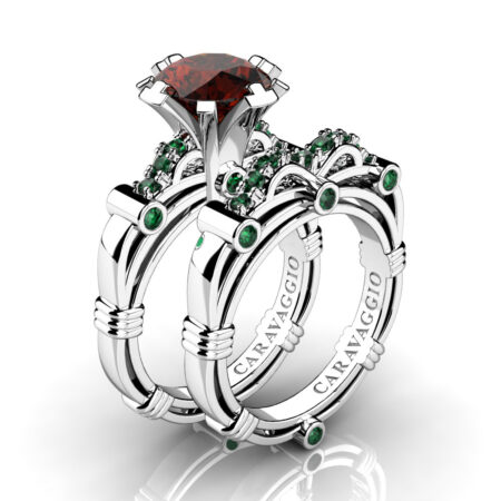 Art-Masters-Caravaggio-14K-White-Gold-3-0-Ct-Cognac-Diamond-Emerald-Engagement-Ring-Wedding-Band-Set-R823S-14KWGEMCD