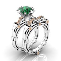 Art Masters Caravaggio 14K White Gold 3.0 Ct Emerald Champagne Diamond Engagement Ring Wedding Band Set R823S-14KWGCHDEM