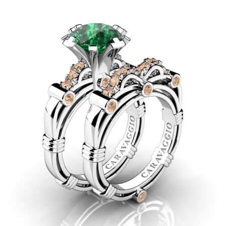 Art-Masters-Caravaggio-14K-White-Gold-3-0-Ct-Emerald-Champagne-Diamond-Emerald-Engagement-Ring-Wedding-Band-Set-R823S-14KWGCHDEM