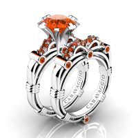 Art Masters Caravaggio 14K White Gold 3.0 Ct Orange Sapphire Engagement Ring Wedding Band Set R823S-14KWGOS