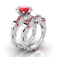 Art Masters Caravaggio 14K White Gold 3.0 Ct Ruby Engagement Ring Wedding Band Set R843S-14KWGR