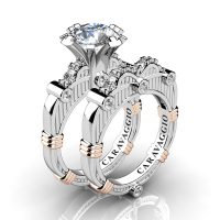 Art Masters Caravaggio 14K White Rose Gold 3.0 Ct White Sapphire Diamond Engagement Ring Wedding Band Set R843S-14KWRGDWS