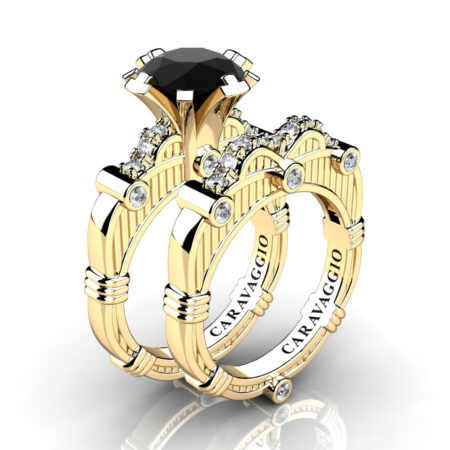 Art-Masters-Caravaggio-14K-Yellow-Gold-3-0-Ct-Black-Sapphire-Diamond-Italian-Engagement-Ring-Wedding-Band-Set-R843S-14KYGDBLS