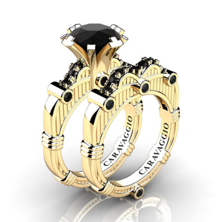 Art-Masters-Caravaggio-14K-Yellow-Gold-3-0-Ct-Black-Sapphire-Italian-Engagement-Ring-Wedding-Band-Set-R843S-14KYGBLS