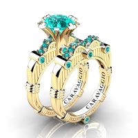Art Masters Caravaggio 14K Yellow Gold 3.0 Ct Blue Diamond Engagement Ring Wedding Band Set R843S-14KYGBLD