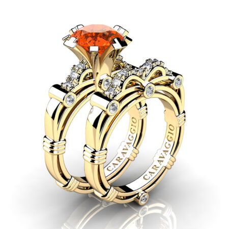 Art-Masters-Caravaggio-14K-Yellow-Gold-3-0-Ct-Orange-Sapphire-Diamond-Italian-Engagement-Ring-Wedding-Band-Set-R823S-14KYGDOS