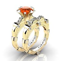 Art Masters Caravaggio 14K Yellow Gold 3.0 Ct Orange Sapphire Diamond Engagement Ring Wedding Band Set R843S-14KYGDOS