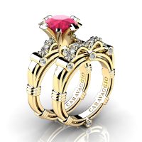 Art Masters Caravaggio 14K Yellow Gold 3.0 Ct Rose Ruby Diamond Engagement Ring Wedding Band Set R823S-14KYGDRR