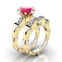 Art Masters Caravaggio 14K Yellow Gold 3.0 Ct Rose Ruby Diamond Engagement Ring Wedding Band Set R843S-14KYGDRR