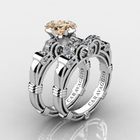 Art Masters Caravaggio 950 Platinum 1.25 Ct Princess Champagne and White Diamond Engagement Ring Wedding Band Set R623PS-PLATDCHD