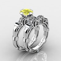 Art Masters Caravaggio 950 Platinum 1.25 Ct Princess Yellow Sapphire Diamond Engagement Ring Wedding Band Set R623PS-PLATDYS