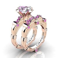 Art Masters Caravaggio 14K Rose Gold 3.0 Ct White and Light Pink Sapphire Engagement Ring Wedding Band Set R843S-14KRGLPSWS