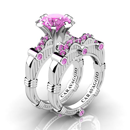Art Masters Caravaggio 14K White Gold 3.0 Ct Light Pink Sapphire Engagement Ring Wedding Band Set R843S-14KWGLPS