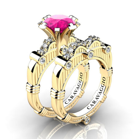 Art-Masters-Caravaggio-Italian-14K-Yellow-Gold-3-0-Ct-Pink-Sapphire-Diamond-Engagement-Ring-Wedding-Band-Set-R843S-14KYGDPS