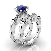 Art Masters Caravaggio 14K White Gold 3.0 Ct Blue Sapphire Diamond Engagement Ring Wedding Band Set R843S-14KWGDBS