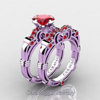Art Masters Caravaggio 14K Lilac Gold 1.25 Ct Princess Ruby Engagement Ring Wedding Band Set R623PS-14KLGR