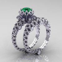 Caravaggio Lace 14K White Gold 1.0 Ct Emerald Diamond Engagement Ring Wedding Band Set R634S-14KWGDEM