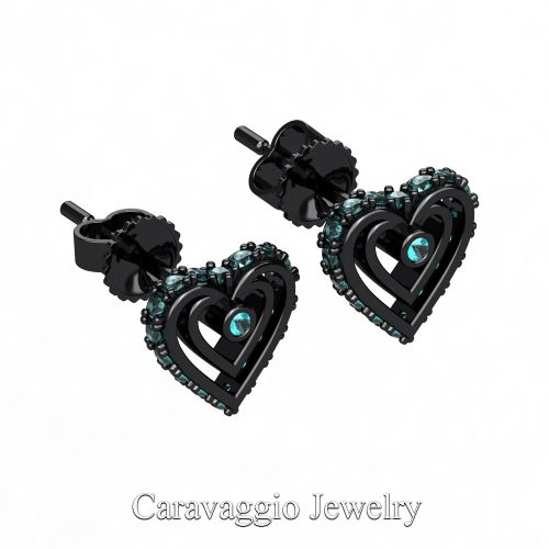 Art Masters Caravaggio 14K Black Gold Blue Diamond Heart Stud Earrings E623-14KBGBLD
