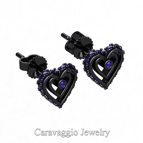 Art Masters Caravaggio 14K Black Gold Blue Sapphire Heart Stud Earrings E623-14KBGBS