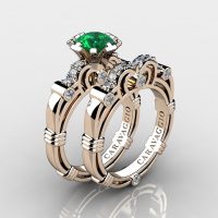 Art Masters Caravaggio 14K Rose Gold 1.0 Ct Emerald Diamond Engagement Ring Wedding Band Set R623S-14KRGDEM