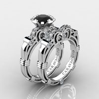 Art Masters Caravaggio 14K White Gold 1.0 Ct Black Sapphire Diamond Engagement Ring Wedding Band Set R623S-14KWGDBLS