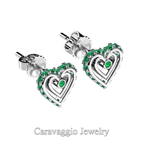 Art Masters Caravaggio 14K White Gold Emerald Heart Stud Earrings E623-14KWGEM
