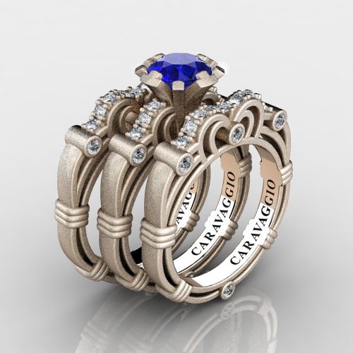 Art Masters Caravaggio Trio 14K Matte Rose Gold 1.0 Ct Blue Sapphire Diamond Engagement Ring Wedding Band Set R623S3-14KMRGDBS