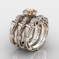 Art Masters Caravaggio Trio 14K Matte Rose Gold 1.0 Ct Champagne and White Diamond Engagement Ring Wedding Band Set R623S3-14KMRGDCHD