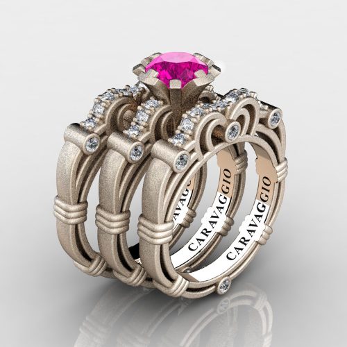 Art Masters Caravaggio Trio 14K Matte Rose Gold 1.0 Ct Pink Sapphire Diamond Engagement Ring Wedding Band Set R623S3-14KMRGDPS