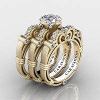 Art Masters Caravaggio Trio 14K Yellow Gold 1.25 Ct Princess White Sapphire Diamond Engagement Ring Wedding Band Set R623PS3-14KMYGDWS