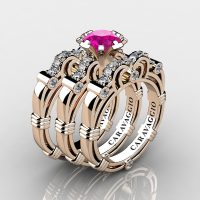 Art Masters Caravaggio Trio 14K Rose Gold 1.0 Ct Pink Sapphire Diamond Engagement Ring Wedding Band Set R623S3-14KRGDPS