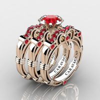Art Masters Caravaggio Trio 14K Rose Gold 1.0 Ct Ruby Engagement Ring Wedding Band Set R623S3-14KRGR