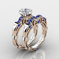Art Masters Caravaggio 14K Rose Gold 1.25 Ct Princess White and Blue Sapphire Engagement Ring Wedding Band Set R623PS-14KRGBSWS