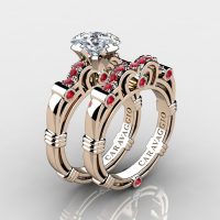 Art Masters Caravaggio 14K Rose Gold 1.25 Ct Princess White Sapphire Ruby Engagement Ring Wedding Band Set R623PS-14KRGRWS