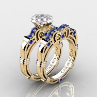 Art Masters Caravaggio 14K Yellow Gold 1.25 Ct Princess White and Blue Sapphire Engagement Ring Wedding Band Set R623PS-14KYGBSWS